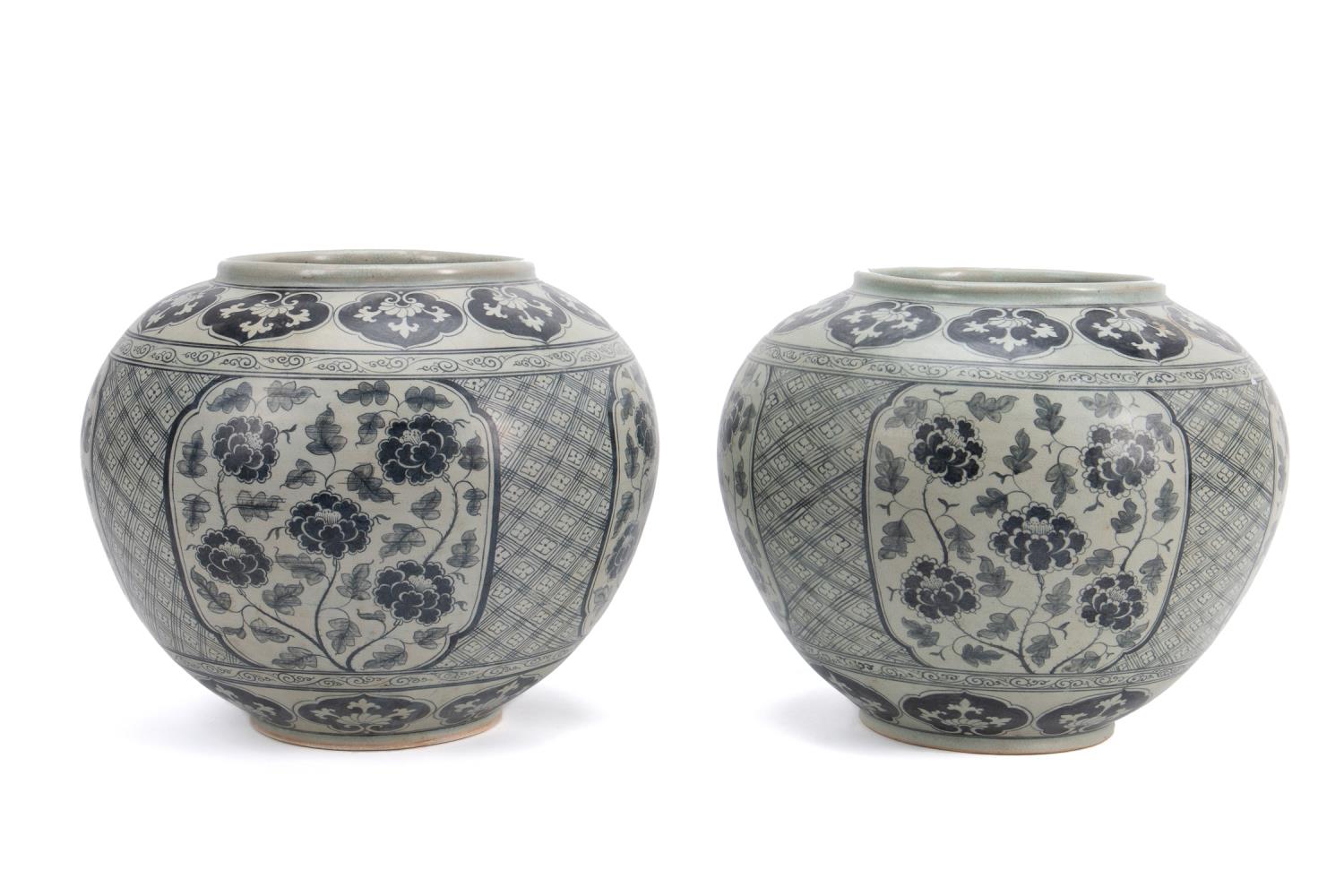 Appraisal: PAIR LARGE CHINESE BLUE WHITE MING STYLE JARS Pair of