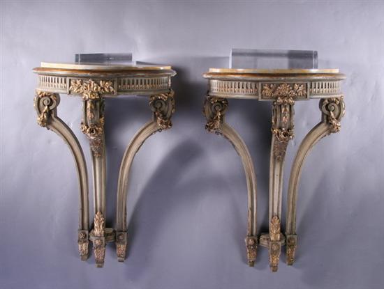 Appraisal: PAIR LOUIS XVI STYLE PAINTED AND PARCEL-GILT PETITE CONSOLE TABLES