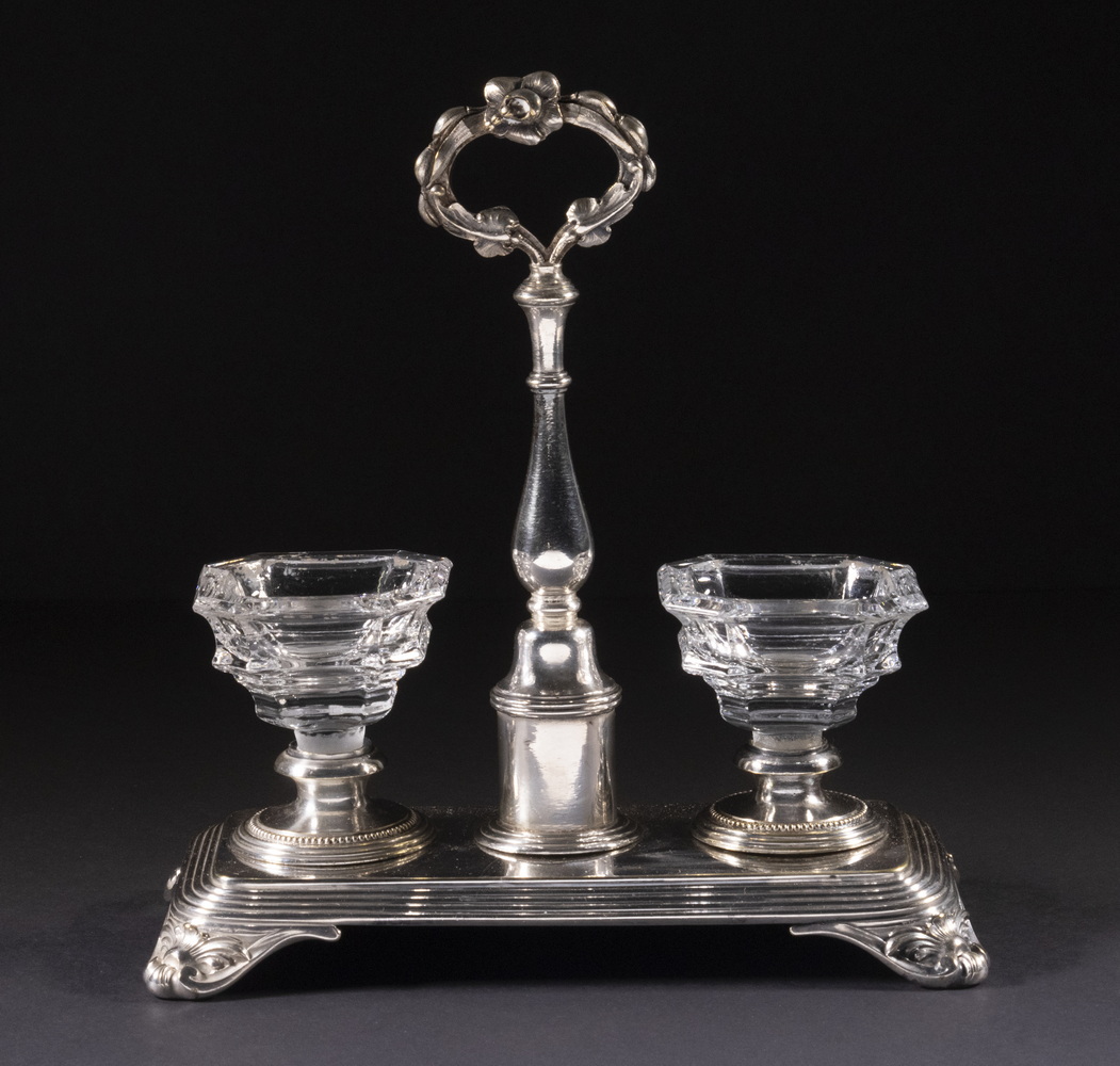 Appraisal: CHRISTOFLE SILVER-PLATE DOUBLE SALT STAND Early th c French Silver-Plate