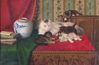 Appraisal: Continental School th Century A cat and kittens playing near