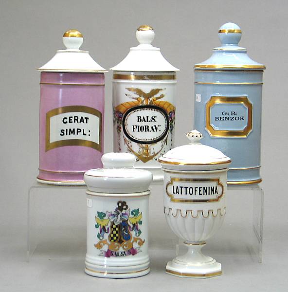 Appraisal: Five porcelain gilt decorated apothecary jars with covers late th