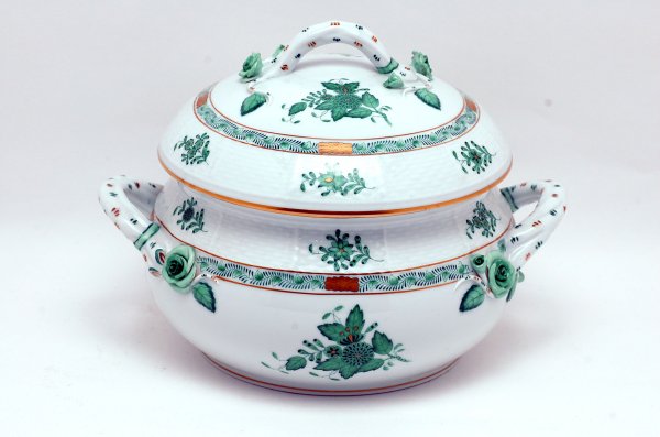 Appraisal: Herend covered tureen two handles basketweave molded details handpainted with