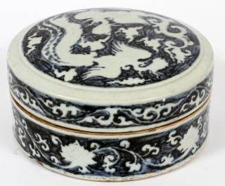 Appraisal: CHINESE ROUND PORCELAIN BOX H DIA blue and white with