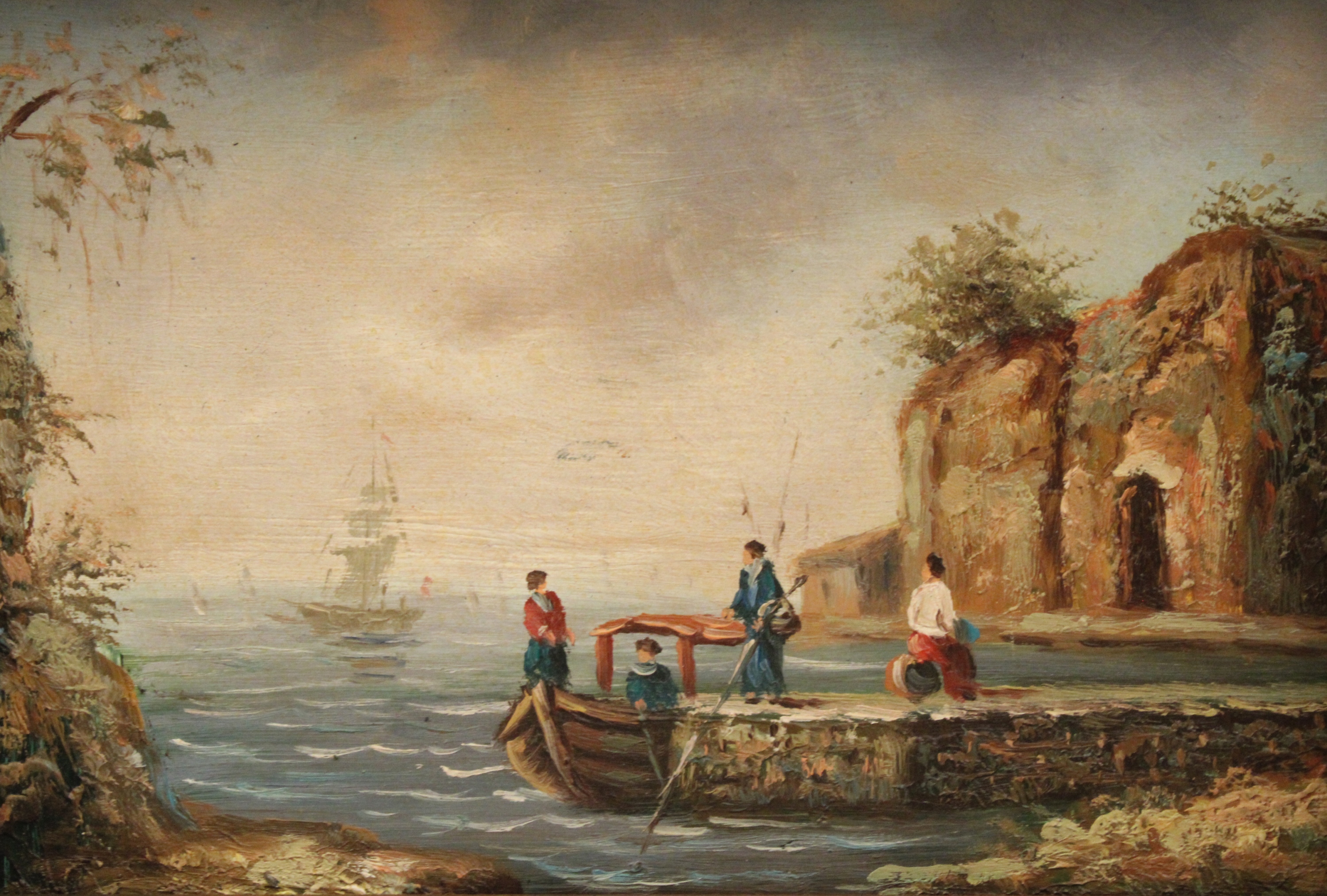 Appraisal: Framed oil on board coastal scene painting having figures in