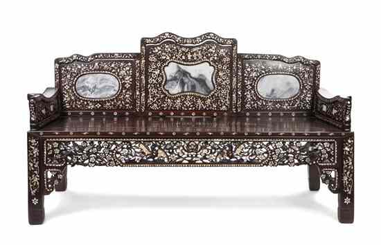 Appraisal: A Chinese Hardwood Mother-of-Pearl Inlaid and Marble Inset Settee having