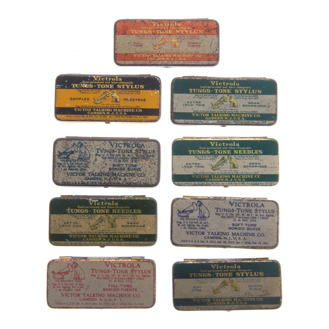 Appraisal: Nine Victor Tungs-Tone needle tins lithographed tin phonograph needle boxes