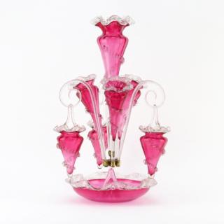 Appraisal: Victorian Style Cranberry to Clear Art Glass Flower Epergne Victorian