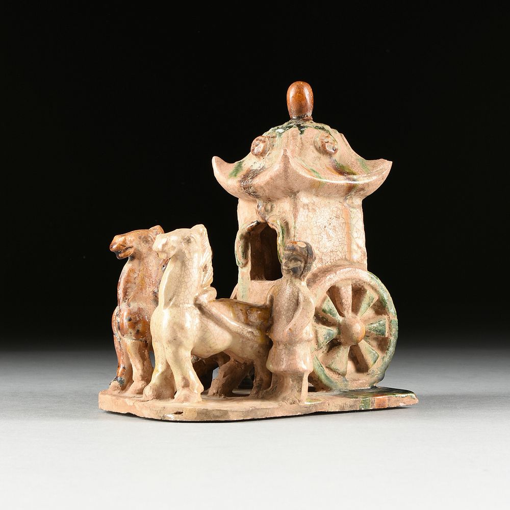 Appraisal: A CHINESE SANCAI GLAZE TERRACOTTA SEDAN CART WITH EQUESTRIAN ATTENDANTS