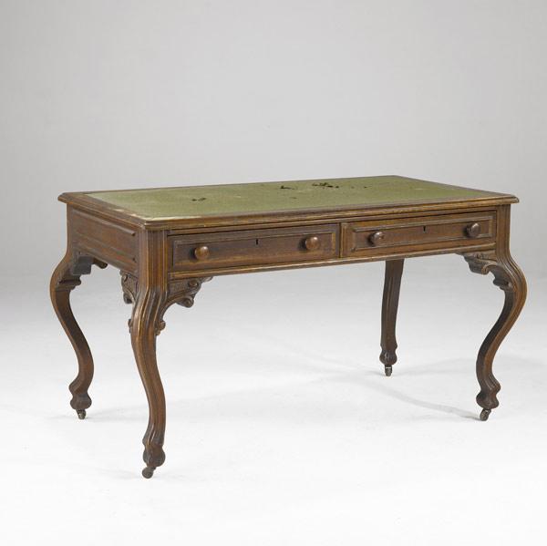 Appraisal: FRENCH LOUIS XV-STYLE BUREAU PLAT Carved oak with cabriole legs