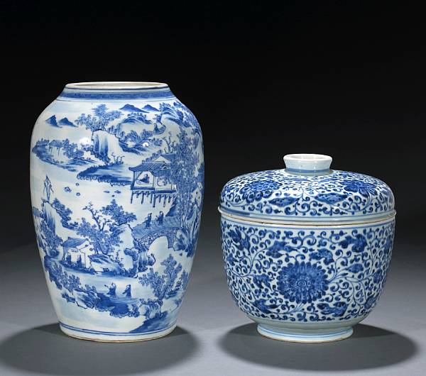 Appraisal: Two blue and white porcelain containers Late Qing Republic Period