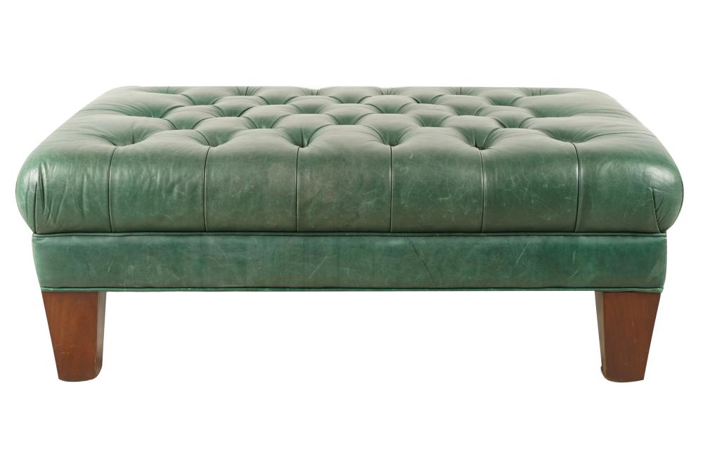 Appraisal: GREEN LEATHER TUFTED OTTOMANunsigned on wooden legs Condition with scratches