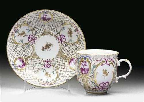 Appraisal: CUP AND SAUCER Ludwigsburg circa With landscape reserves in Purpur