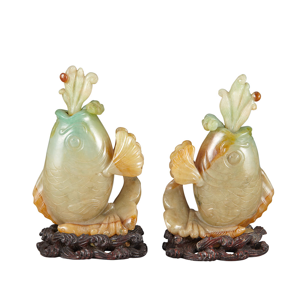 Appraisal: Pair of Chinese Jadeite Fish-form Snuff Bottles Late th early