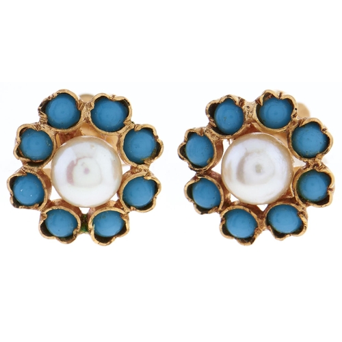 Appraisal: A pair of cultured pearl and split turquoise stud earrings