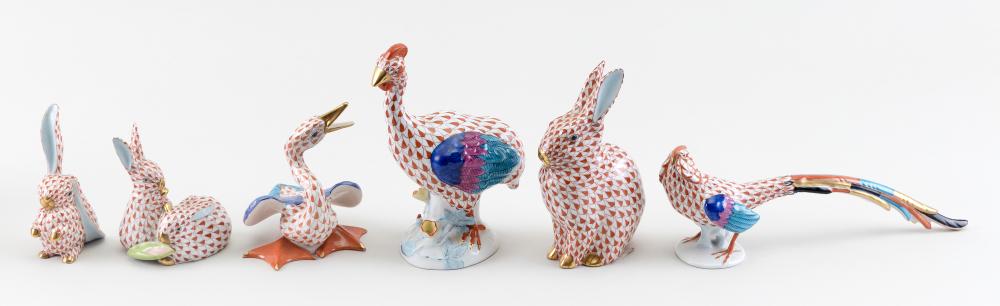 Appraisal: SIX HEREND RUST FISHNET PORCELAIN ANIMAL FIGURES HUNGARY TH ST