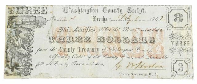 Appraisal: Civil War era Washington County Texas Three Dollar scrip payable