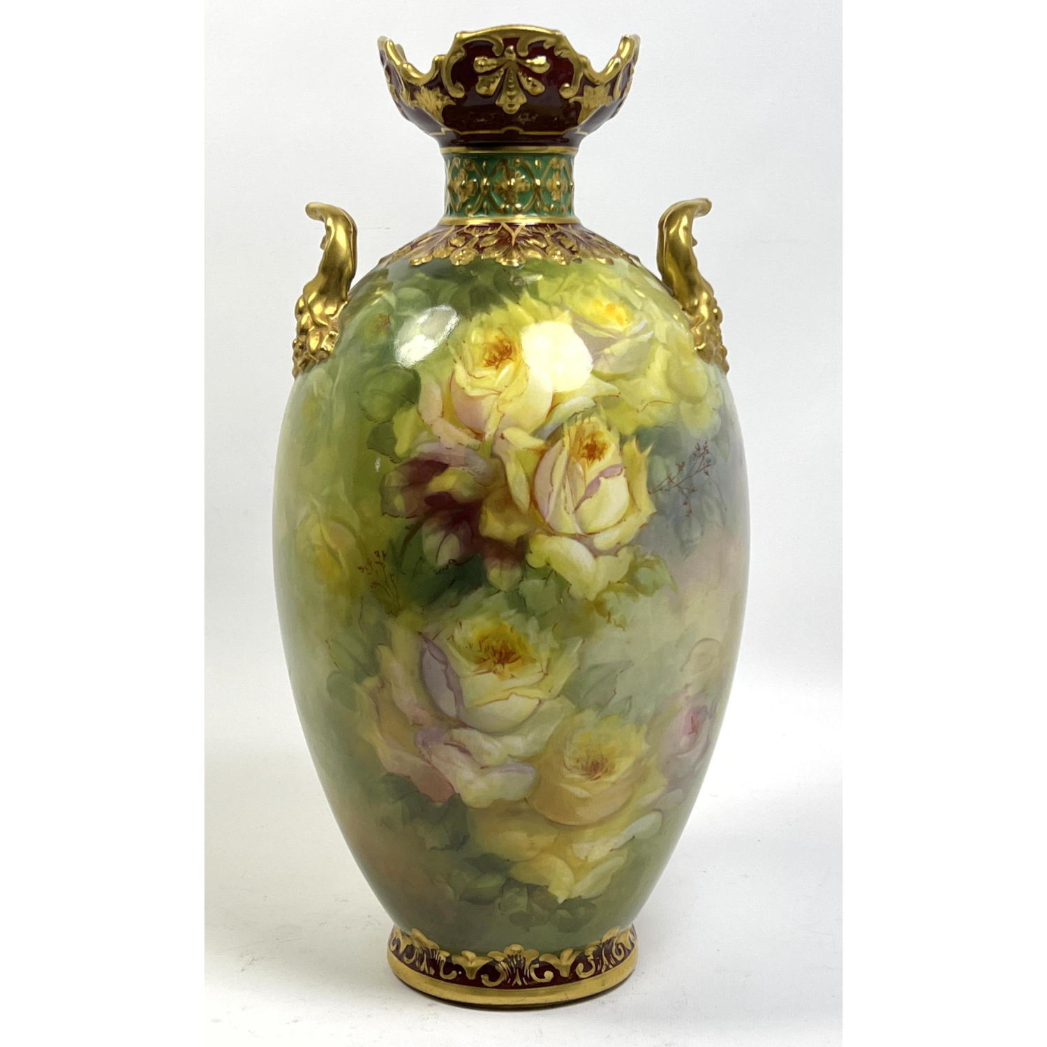 Appraisal: ROYAL BONN German Tall Yellow Rose Vase Gilt paint highlights