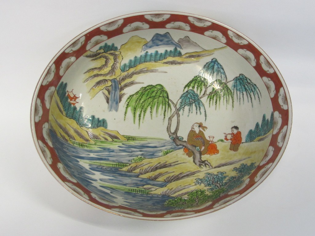 Appraisal: Large Japanese bowl with landscape scene with a red vase