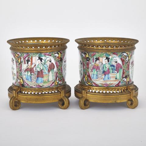 Appraisal: Pair of Ormolu Mounted Chinese Rose Medallion Porcelain Cachepots late