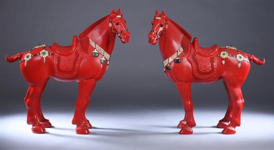 Appraisal: PAIR CHINESE EMBELLISHED CINNABAR FIGURES OF HORSES Qianlong seal mark