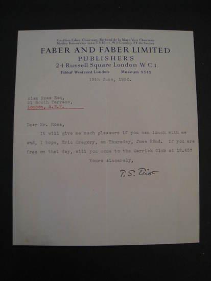 Appraisal: ELIOT T S Typed letter signed to Alan Ross London