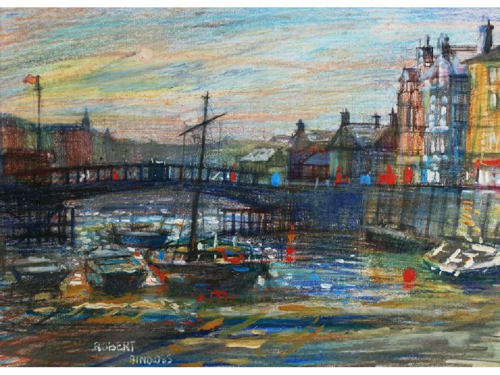 Appraisal: ROBERT BINDLOSS b MIXED MEDIA ON PAPER River townscape with