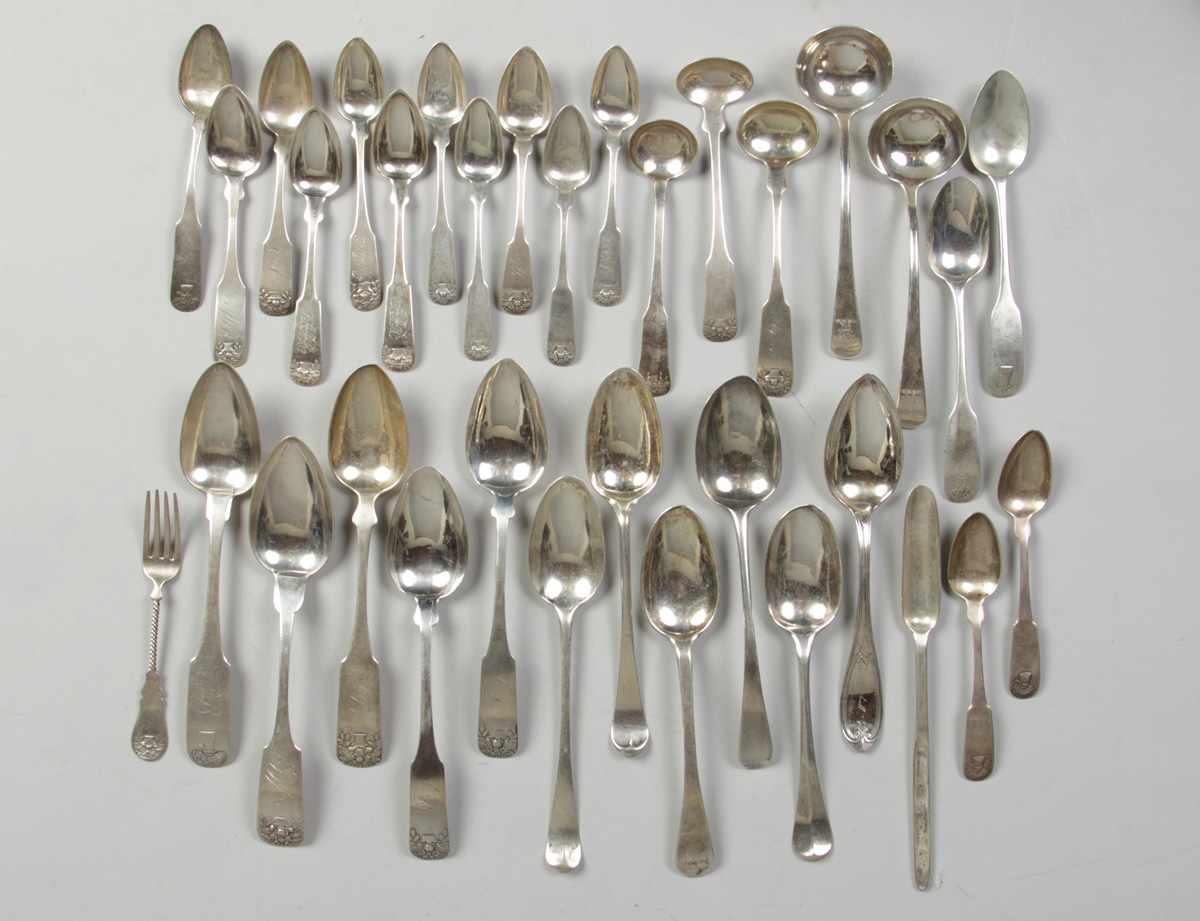 Appraisal: Group of early coin silver tablespoons teaspoons w basket motif