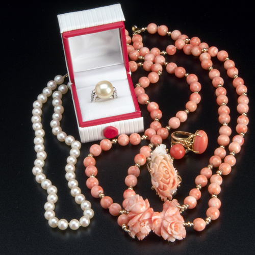 Appraisal: Coral and pearl k or k gold jewelry grouping k