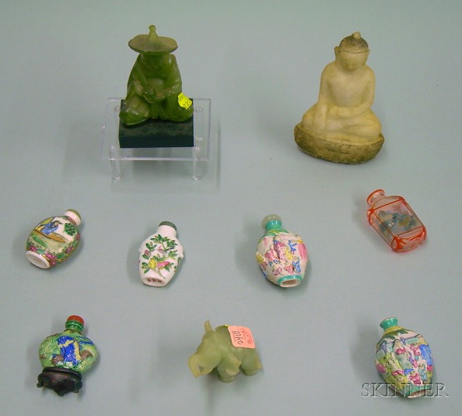 Appraisal: Three Asian Carved Hardstone Figures and Six Decorated Snuff Bottles