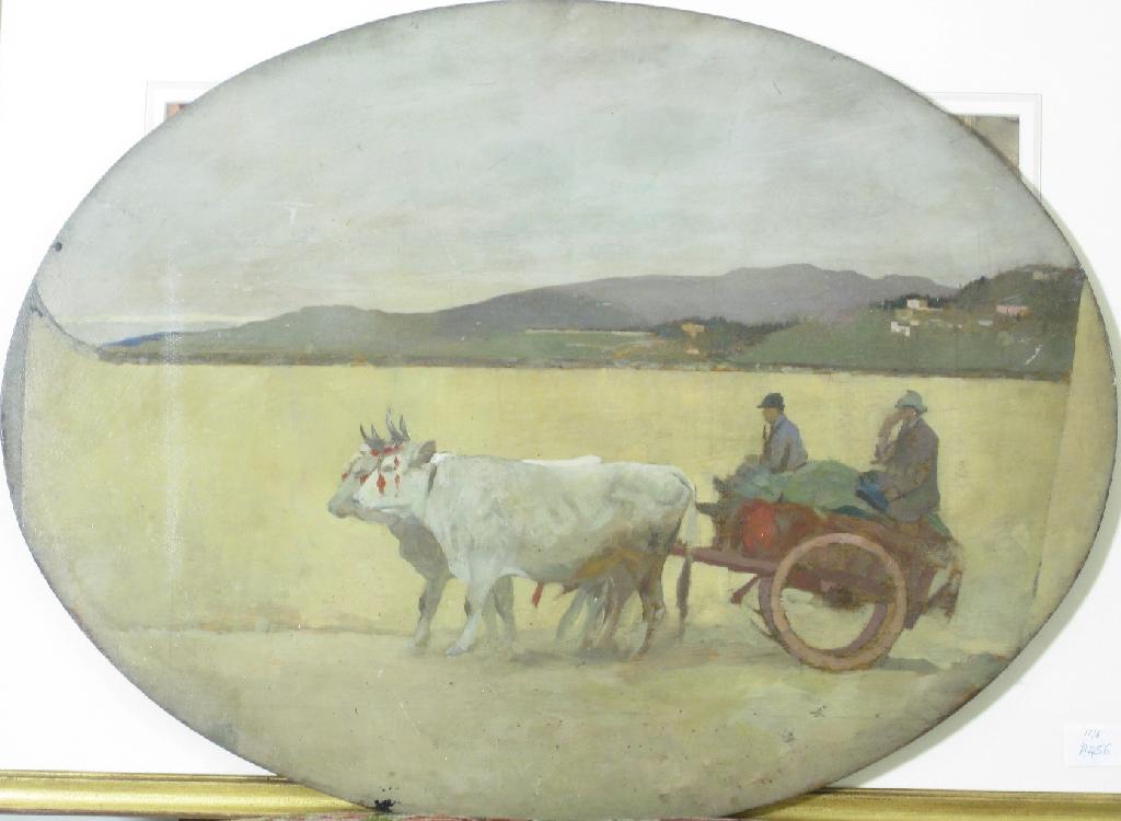 Appraisal: CONTINENTAL SCHOOL CIRCA Oxen and Cart on a Shore oil