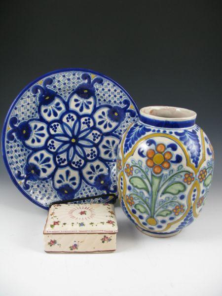 Appraisal: Three Hand-Painted Ceramics a Mexican polychrome decorated vase and charger