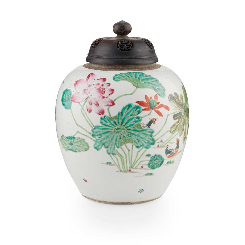 Appraisal: FAMILLE ROSE 'LOTUS POND AND MANDARIN DUCKS' GINGER JAR QING