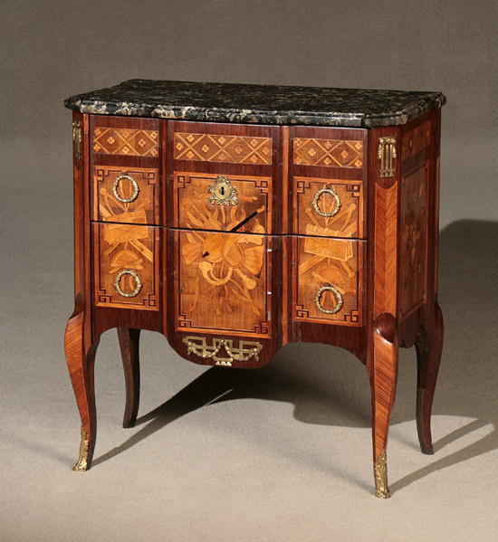 Appraisal: Louis XV-XVI Transitional Ormolu Mounted Marquetry Tulipwood and Kingwood Commode