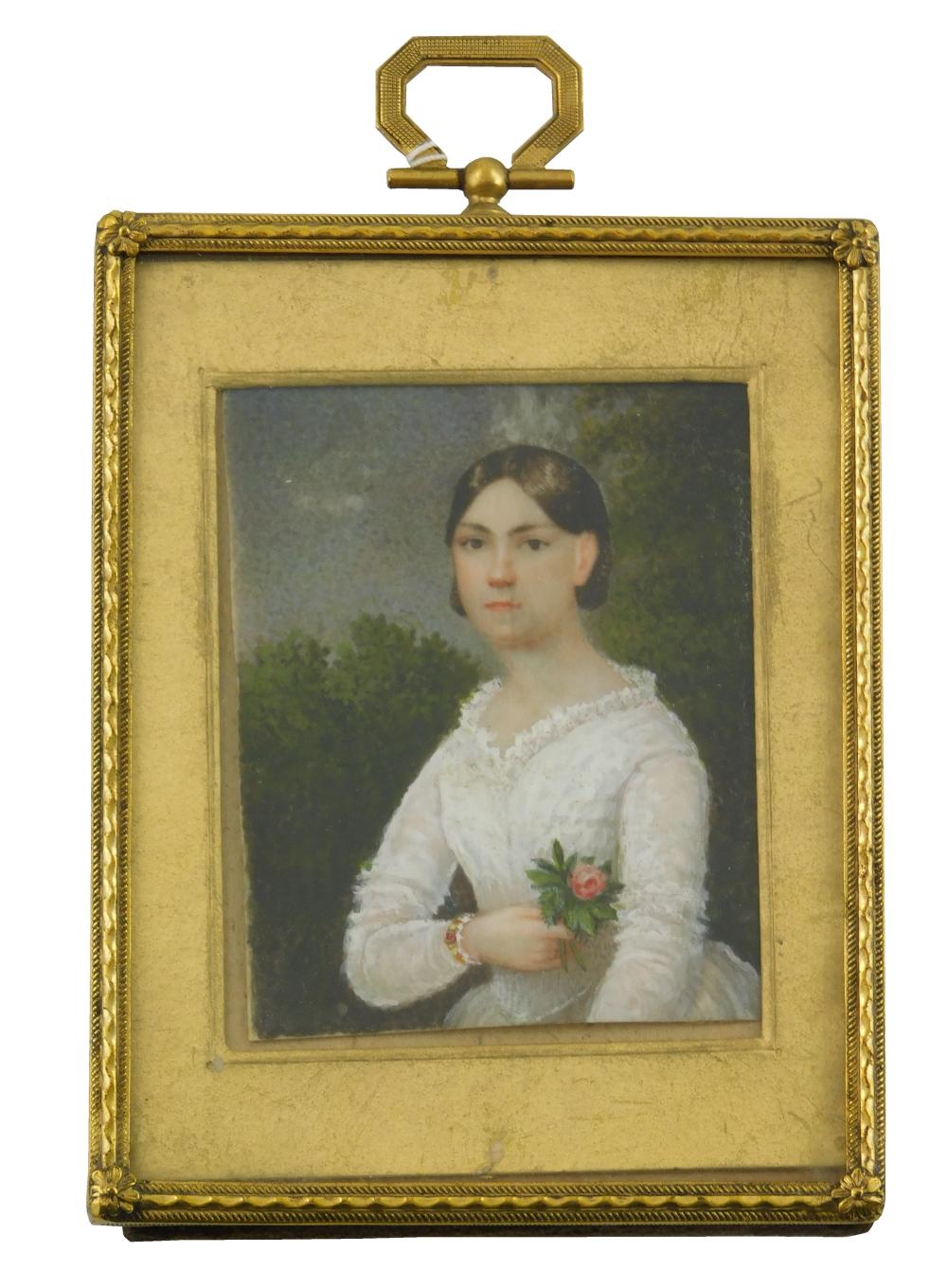 Appraisal: MINIATURE Young woman rectangular support portrayed in landscape wearing white