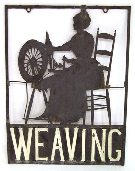 Appraisal: Weaving trade sign pierced metal banner with silhouette of seated