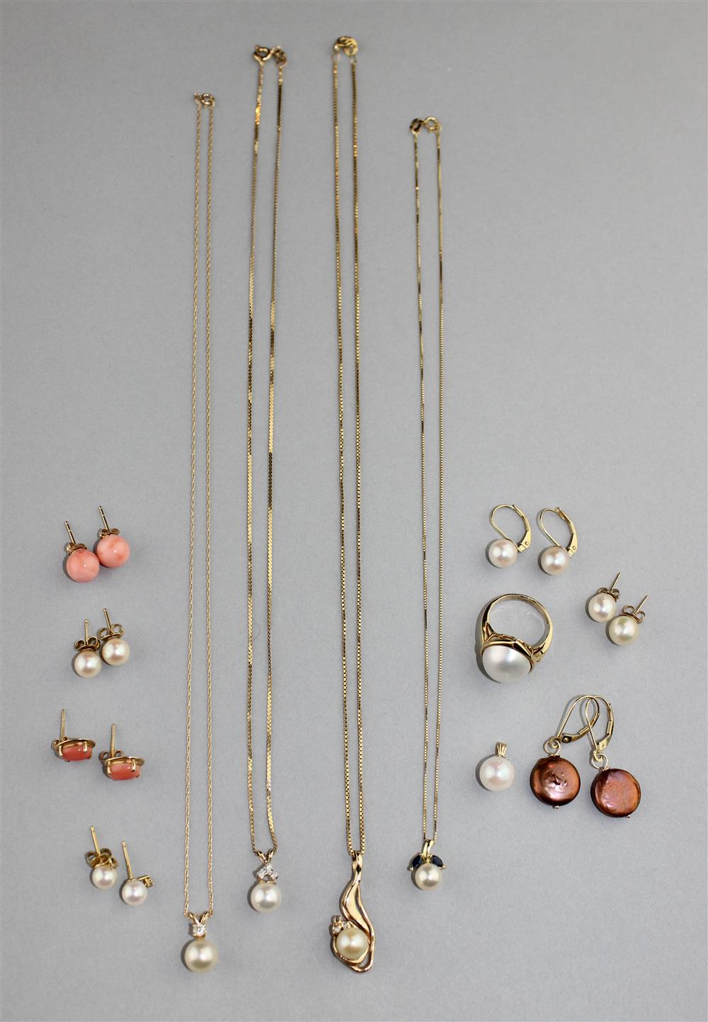 Appraisal: PEARLS AND CORAL IN K YELLOW GOLD three cultured pearl