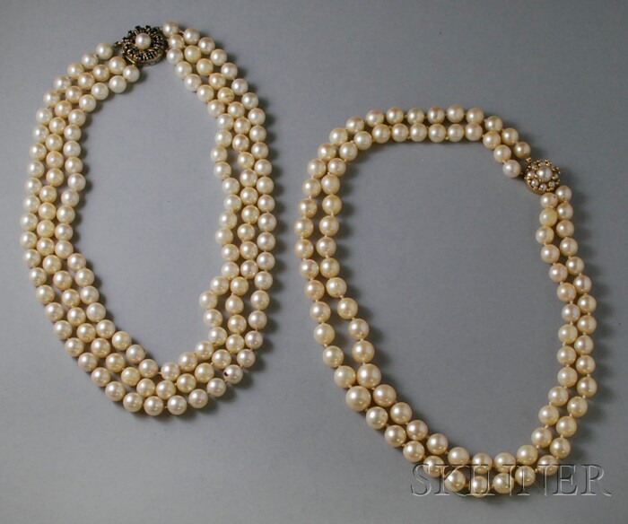 Appraisal: Two Multi-strand Cultured Pearl Necklaces a double-strand necklace with kt