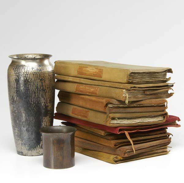 Appraisal: ROYCROFT Hammered vase and match holder along with eleven suede-bound