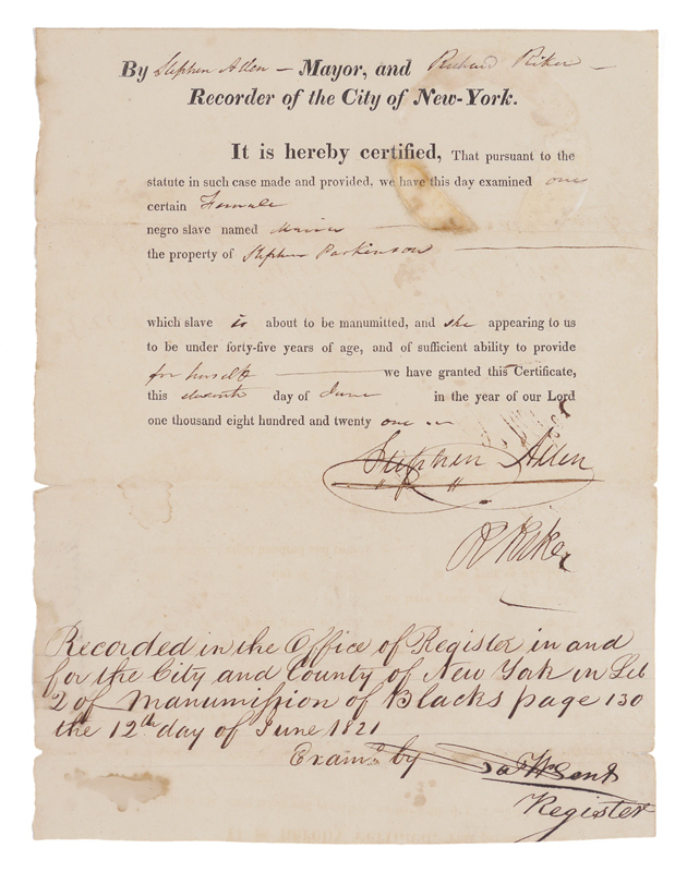 Appraisal: NEW YORK MANUMISSION CERTIFICATE From the original Early American History