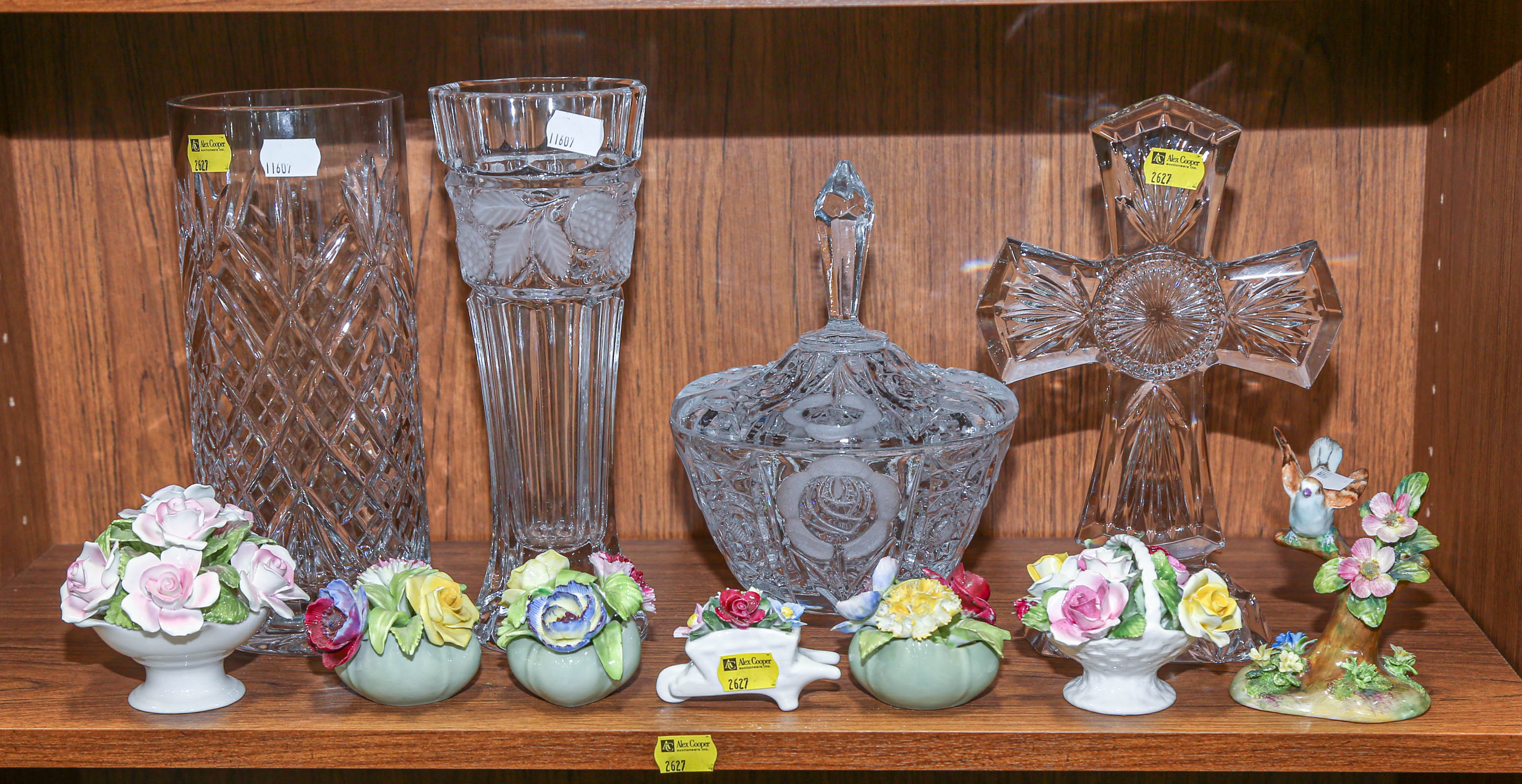 Appraisal: ASSORTMENT OF GLASS ITEMS PORCELAIN FLOWERS Including a Crown Staffordshire