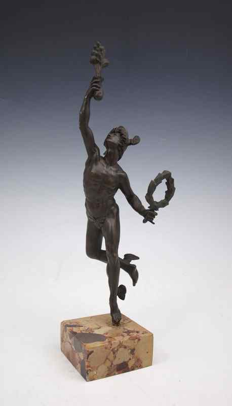 Appraisal: BRONZE SCULPTURE OF A YOUNG MERCURY HOLDING BOUQUET OF FLOWERS