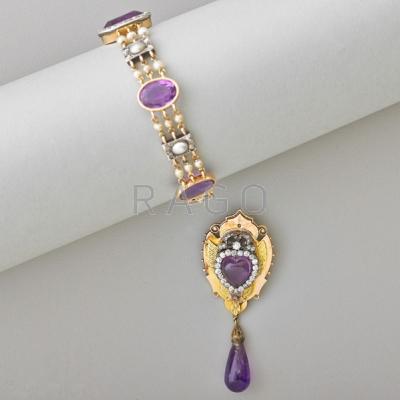 Appraisal: VICTORIAN AMETHYST AND DIAMOND GOLD JEWELRY Three row pearl link