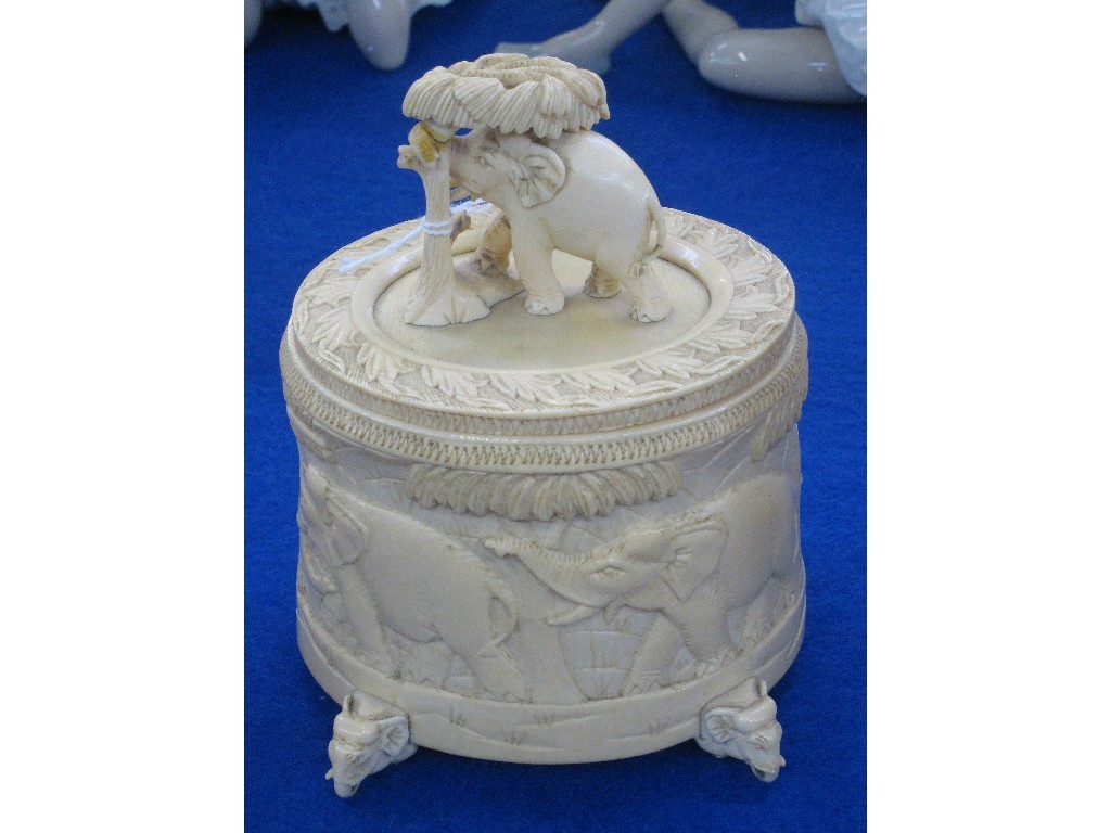 Appraisal: Carved ivory box the lid surmounted by an elephant