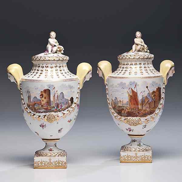 Appraisal: Dresden Porcelain Urns German th century a pair of porcelain