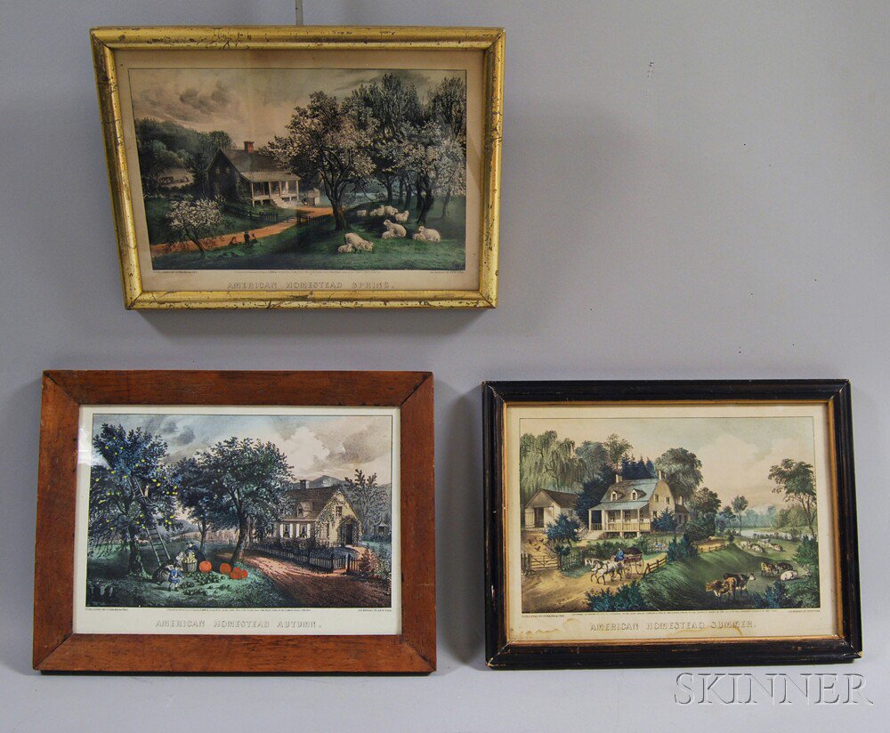 Appraisal: Three Framed Currier Ives Hand-colored Engravings titled American Homestead Summer