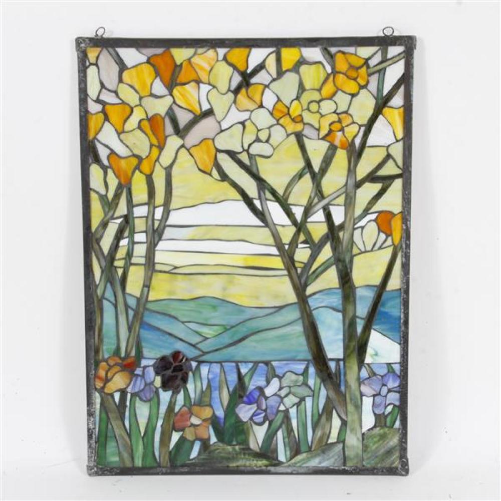 Appraisal: STAINED GLASS WINDOW PANEL LANDSCAPE SCENE WITH TREES CLOUDS MOUNTAINS