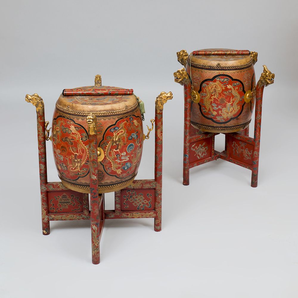 Appraisal: Pair of Chinese Red Lacquer and Parcel-Gilt Drum Form Tables