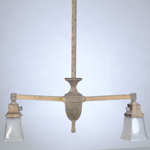 Appraisal: PRAIRIE SCHOOL Pair of brass-washed hanging fixtures each with two