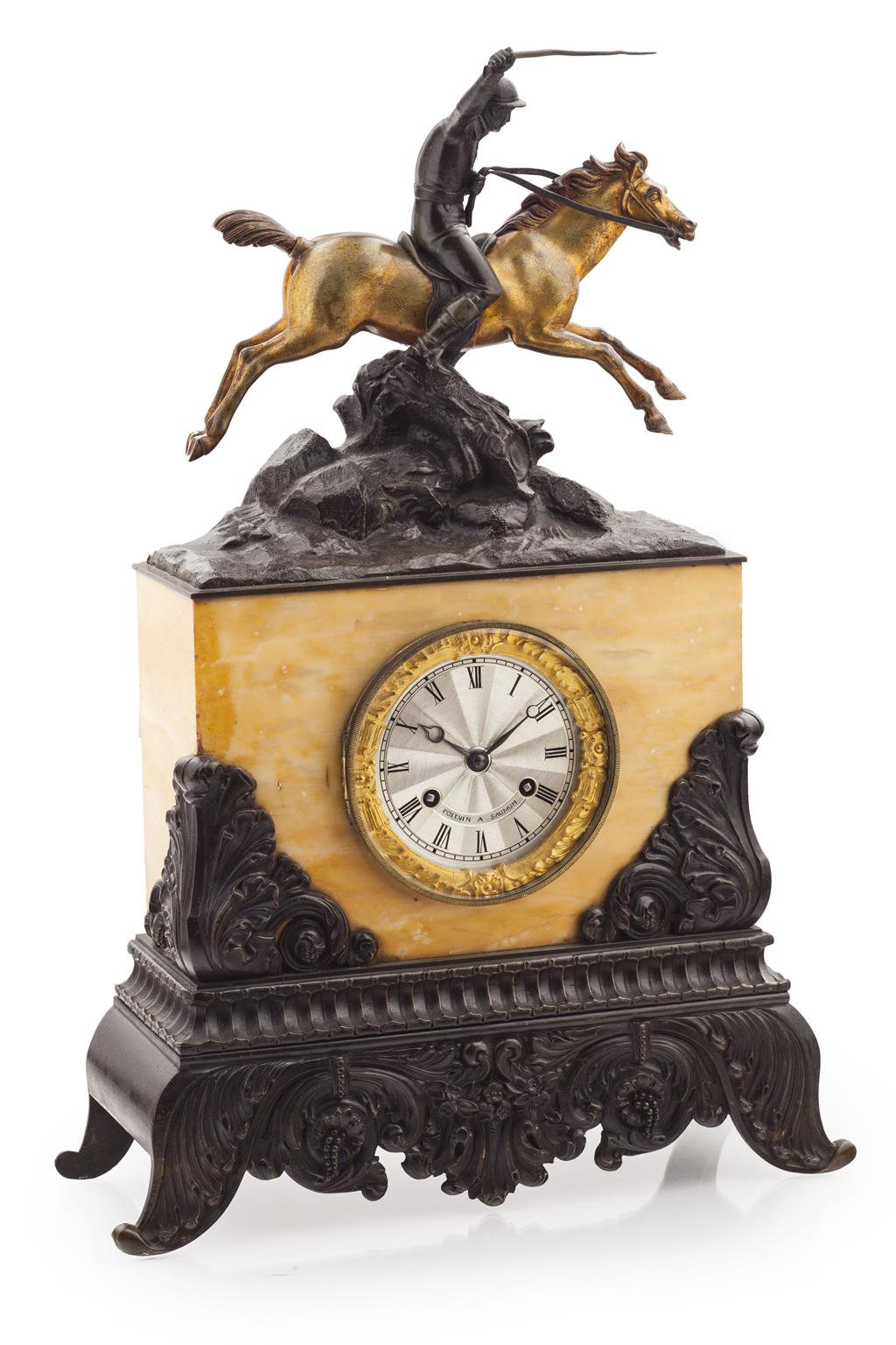 Appraisal: FRENCH GILT AND PATINATED BRONZE MARBLE MOUNTED MANTEL CLOCK OF