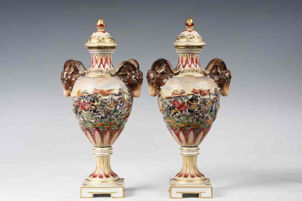 Appraisal: PAIR CAPODIMONTE URNS - Pair of Small Capodimonte Urns with